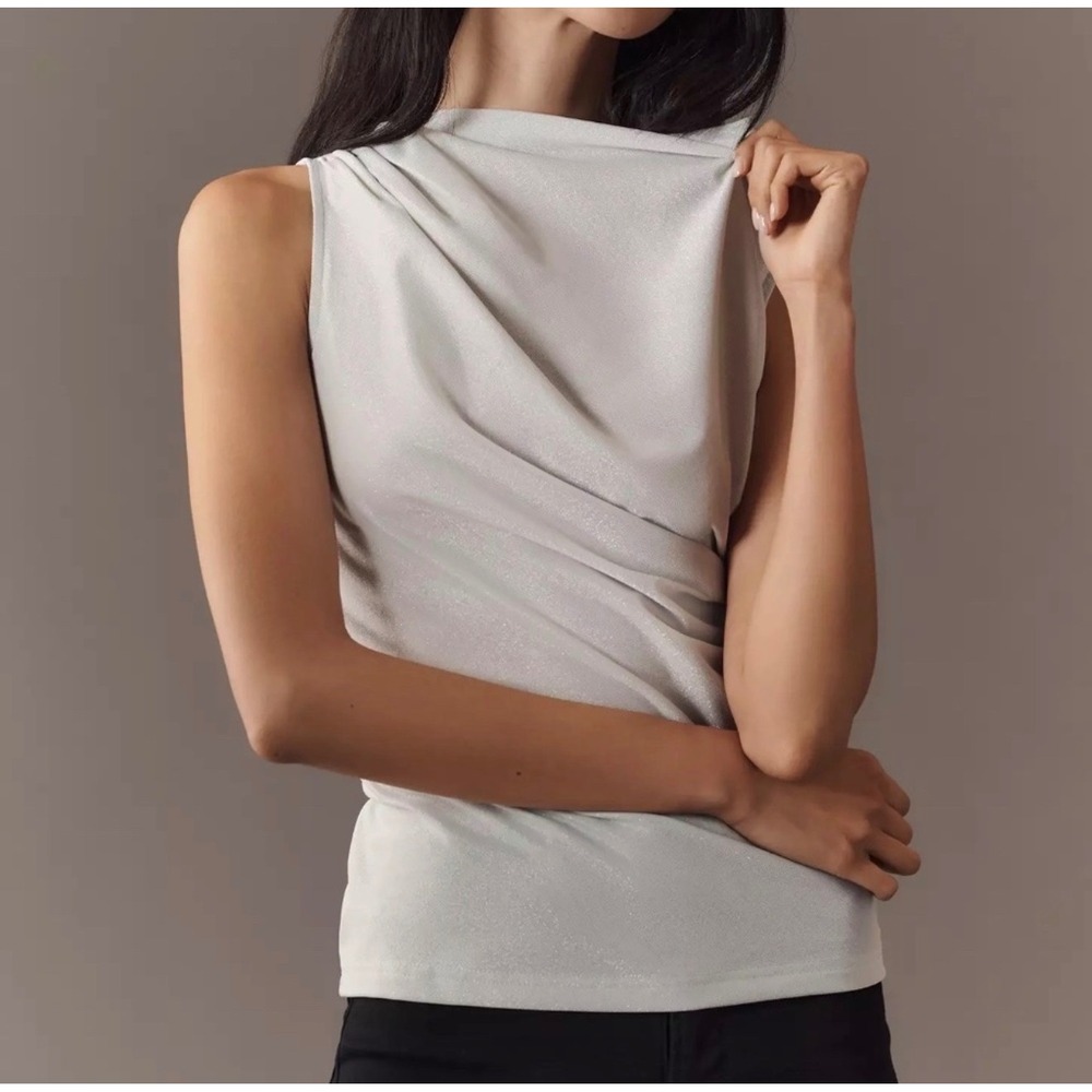 Anthropologie Dolan Left Coast Mock-Neck Ruched Shine Top Silver Shimmer Size S